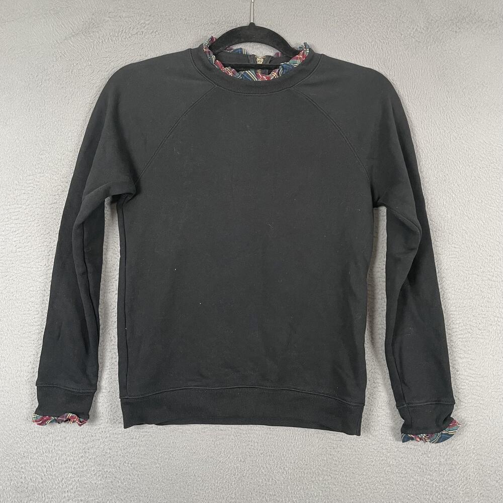 J.CREW Sweatshirt Womens XXS Black Pullover 1/4 Zip Ruffle Fleece Plaid Trim